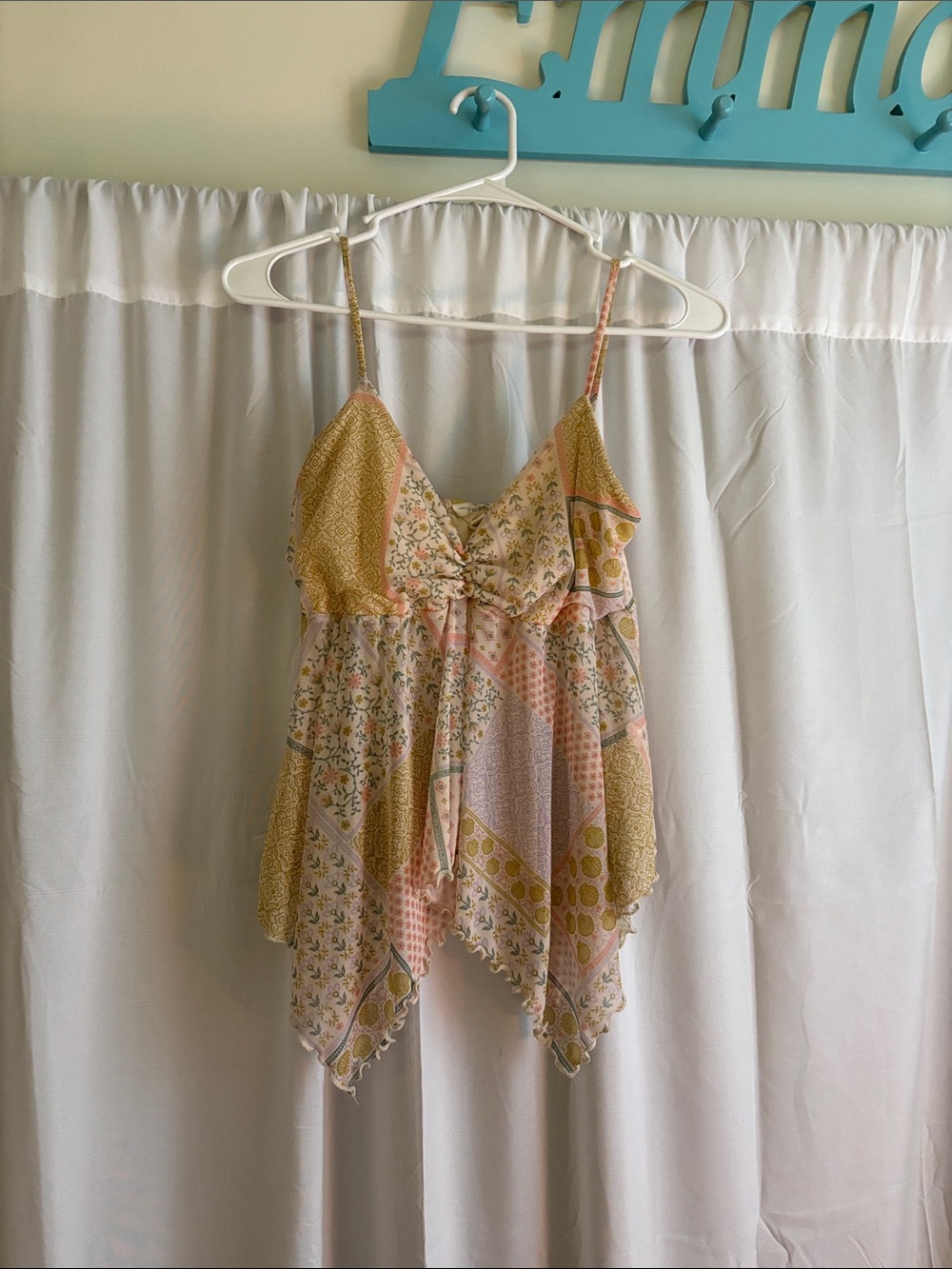 See You Monday Patchwork Floral Handkerchief Hem Cami - Yellow & Pink